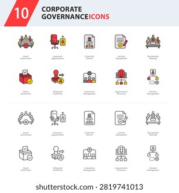 corporate governance icon collection featuring board administration, executive authority, governance documentation, committees, and organizational structure for enterprise applications.
