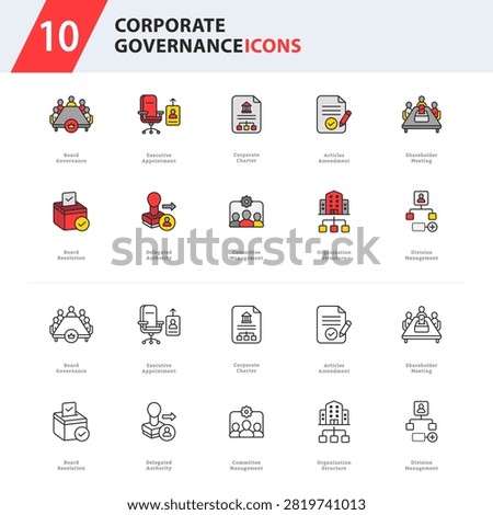 corporate governance icon collection featuring board administration, executive authority, governance documentation, committees, and organizational structure for enterprise applications.
