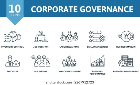 Corporate Governance icon set. Monochrome simple Corporate Governance icon collection. Inventory Control, Job Rotation, Labor Relations, Skill Management, Business Margin, Executive, Discussion