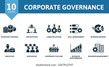 Corporate Governance icon set. Monochrome simple Corporate Governance icon collection. Inventory Control, Job Rotation, Labor Relations, Skill Management, Business Margin, Executive, Discussion