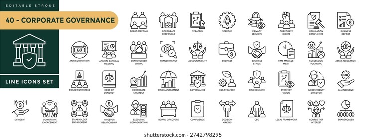 of Corporate Governance icons set with editable stroke, including symbols for Board of directors, compliance, ESG strategy, risk management. Thin linear vector illustration.