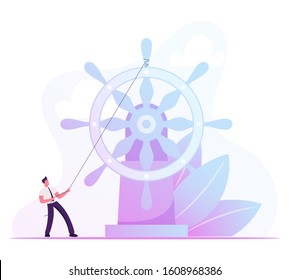 Corporate Governance, Leadership and Management Concept. Business Man Floating on Imaginary Boat to Aim Rolling Huge Steering Wheel Bounded with Rope. Ambitious Plan. Cartoon Flat Vector Illustration