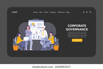 Corporate Governance night or dark mode web or landing page. Executives and stakeholders engage in the oversight and direction of company operations. Structuring success through leadership.