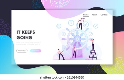 Corporate Governance and Team Work Website Landing Page. Businesspeople Moving Huge Steering Wheel under Management of Businessman with Spy Glass Web Page Banner. Cartoon Flat Vector Illustration