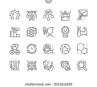 Corporate governance. Working process. Employee management. Control, business, discussions and target audience. Pixel Perfect Vector Thin Line Icons. Simple Minimal Pictogram