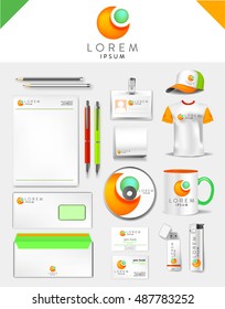 Corporate grey and dark red identity template, realistic cup, business card, letterhead, envelope, USB stick, pen, lighter, t-shirt, hat, notebook, CD.Abstract vector company style and logo
