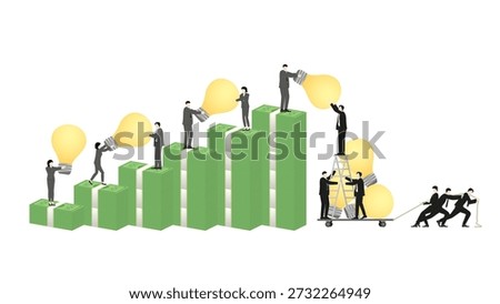 Corporate group collaborating in espionage to steal light bulb ideas and money for corruption concept.