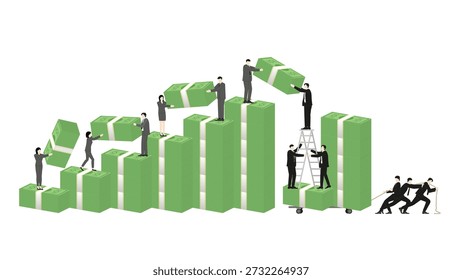 Corporate group collaborating in money laundering and illegal financial transfer with banknotes stack.