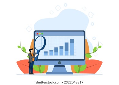 Corporate growth concept. Company promotion and business revenue growth. businessman with magnifying glass analyzing growth chart. Flat vector illustration on a white background.