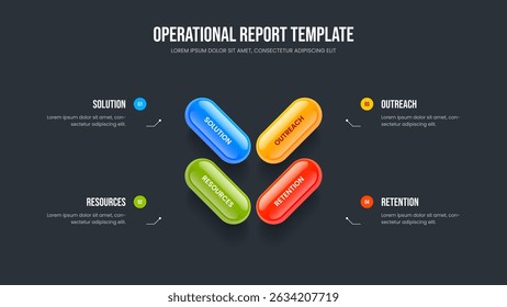 Corporate Growth Four Option Infographic Slide Template. Investor Overview 4 Element Diagram Slideshow Design. Product Briefing Presentation Layout Vector Illustration.
