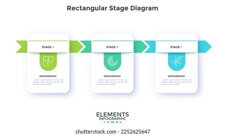 Planilla de diseño de gráfico de infografía de diagrama de etapas rectangulares de procesos de crecimiento corporativo. Analítica con iconos. Gráficos instructivos con secuencia de 3 pasos. Presentación de datos visuales