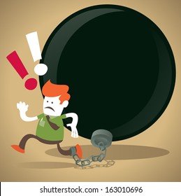 Corporate Guy is locked in a Ball and Chain. Great illustration of Retro styled Abstract Businessman caught up in a bureaucratic chain and ball.