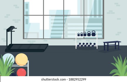 Corporate gym flat color vector illustration. Place for exercise. Space for physical activity. Fitness club for company employees 2D cartoon interior with large window on background