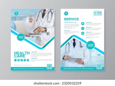 Die Gesundheitsversorgung von Unternehmen umfasst ein4-Template-Design und flache Symbole für einen Bericht und medizinische Broschüren-Design, Flyer, Prospektdekorationen für den Druck und die Darstellung von Vektorgrafik