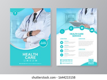 Corporate healthcare cover, back page a4 template design and flat icons for a report and medical brochure design, flyer, leaflets decoration for printing and presentation vector illustration