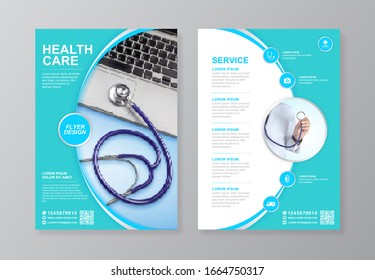 Corporate healthcare cover, back page a4 template design and flat icons for a report and medical brochure design, flyer, leaflets decoration for printing and presentation vector illustration