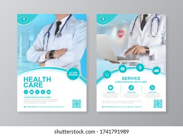 Corporate healthcare cover, back page a4 template design and flat icons for a report and medical brochure design, flyer, leaflets decoration for printing and presentation vector illustration