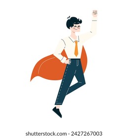 Corporate hero concept. Confident businessman in superhero cape posing with raised fist. Leadership, success, and protection. Flat vector illustration