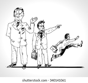 Corporate hierarchy. Business organization. Three types of the manager. Chief, manager, performer of orders. Vector sketch cartoon. In ancient engraving style. Drawn by hand