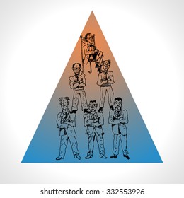 Corporate hierarchy, pyramid structure, business network. Vector sketch. Drawn by hand. Vintage engraving style