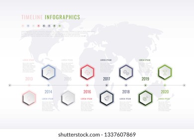 Corporate History Infographic With Hexagonal Elements, Year Indication And World Map On Background. Modern Realistic 3d Business Data Visualisation. Vector Company Presentation Slide Template. Eps 10