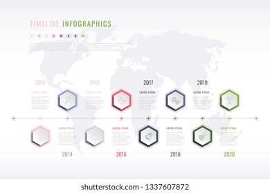 Corporate History Infographic With Hexagonal Elements, Year Indication And World Map On Background. Modern Realistic 3d Business Data Visualisation. Vector Company Presentation Slide Template. Eps 10