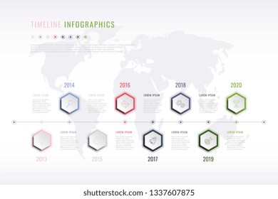 Corporate History Infographic With Hexagonal Elements, Year Indication And World Map On Background. Modern Realistic 3d Business Data Visualisation. Vector Company Presentation Slide Template. Eps 10