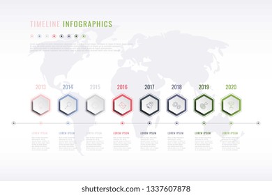 Corporate History Infographic With Hexagonal Elements, Year Indication And World Map On Background. Modern Realistic 3d Business Data Visualisation. Vector Company Presentation Slide Template. Eps 10