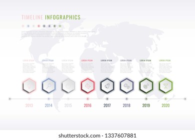 Corporate History Infographic With Hexagonal Elements, Year Indication And World Map On Background. Modern Realistic 3d Business Data Visualisation. Vector Company Presentation Slide Template. Eps 10