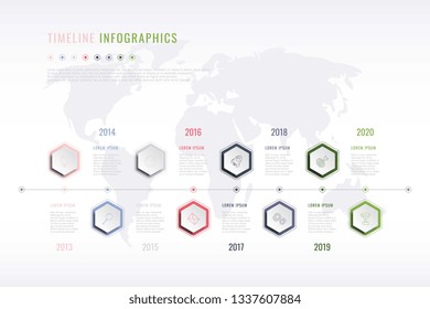 Corporate History Infographic With Hexagonal Elements, Year Indication And World Map On Background. Modern Realistic 3d Business Data Visualisation. Vector Company Presentation Slide Template. Eps 10