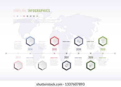 Corporate History Infographic With Hexagonal Elements, Year Indication And World Map On Background. Modern Realistic 3d Business Data Visualisation. Vector Company Presentation Slide Template. Eps 10