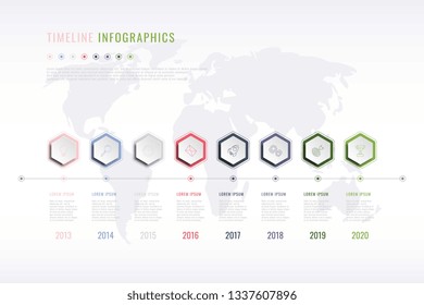 Corporate History Infographic With Hexagonal Elements, Year Indication And World Map On Background. Modern Realistic 3d Business Data Visualisation. Vector Company Presentation Slide Template. Eps 10