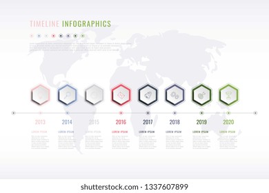 Corporate History Infographic With Hexagonal Elements, Year Indication And World Map On Background. Modern Realistic 3d Business Data Visualisation. Vector Company Presentation Slide Template. Eps 10