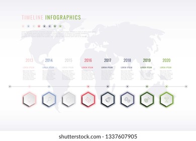 Corporate History Infographic With Hexagonal Elements, Year Indication And World Map On Background. Modern Realistic 3d Business Data Visualisation. Vector Company Presentation Slide Template. Eps 10