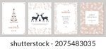 Corporate Holiday cards with Christmas tree, reindeers, bird, floral frames, background and copy space. Universal artistic templates.