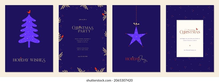 Corporate Holiday cards with Christmas tree and Christmas ornament, birds, floral modern frame, backgrounds and copy space. Universal artistic templates. Vector illustration.