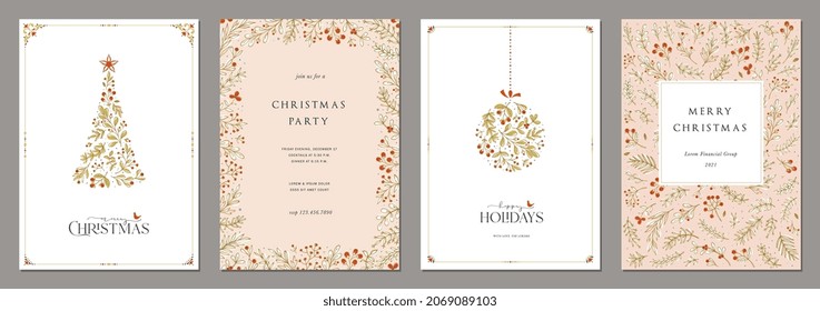 Corporate Holiday cards with Christmas tree and Christmas ornament, birds, floral modern frame, background and copy space. Universal artistic templates.