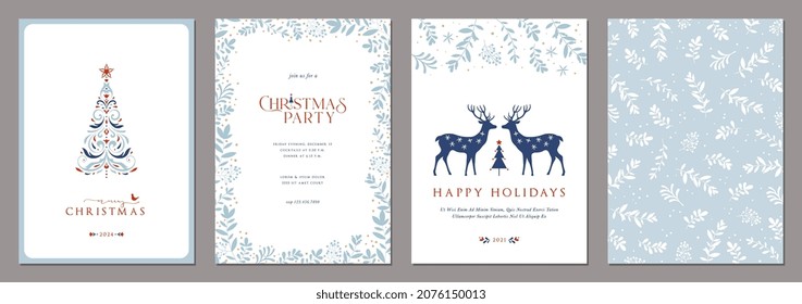 Corporate Holiday cards with Christmas tree, reindeers, bird, decorative floral frames, background and copy space. Universal artistic templates.