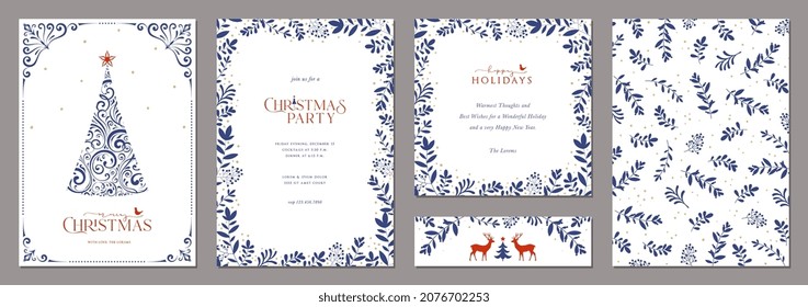 Corporate Holiday cards with Christmas tree, reindeers, birds, ornate floral frames, background and copy space. Universal artistic templates.