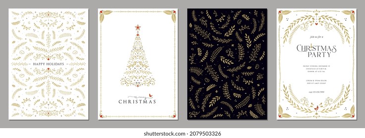 Corporate Holiday cards and Christmas tree  birds  ornate floral frames  luxury backgrounds   copy space  Universal artistic templates 