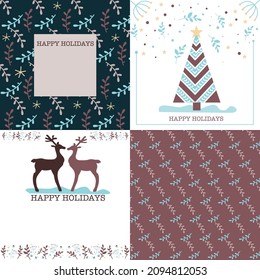 Corporate Holiday cards with Christmas tree, reindeers, floral frames, background and copy space. Universal artistic templates.