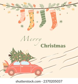 Corporate holiday cards with Christmas tree, snow, fir trees, car, gifts, floral frames, background and copy space. Universal art templates.