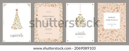 Corporate Holiday cards with Christmas tree and Christmas ornament, birds, floral modern frame, background and copy space. Universal artistic templates.