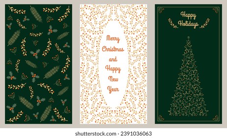 Corporate holiday cards with congratulations and wishes. Universal template. Christmas and New Year. Vector illustration.