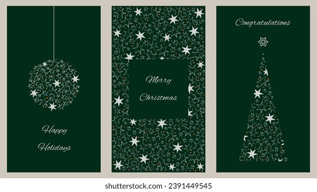 Corporate holiday cards with congratulations and wishes. Universal template. Christmas and New Year. Vector illustration in traditional green color.