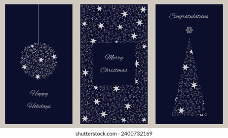 Corporate holiday cards with congratulations and wishes. Universal template. Christmas and New Year. Vector illustration in traditional blue color.