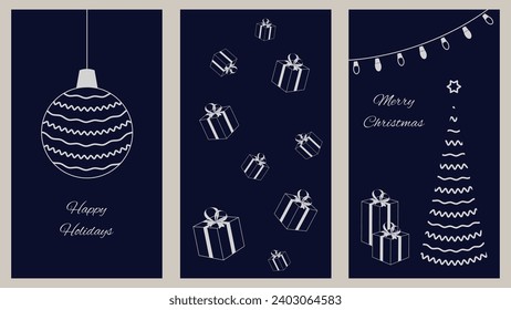 Corporate holiday cards with congratulations and wishes. Universal template. Christmas and New Year. Vector illustration in traditional blue color.