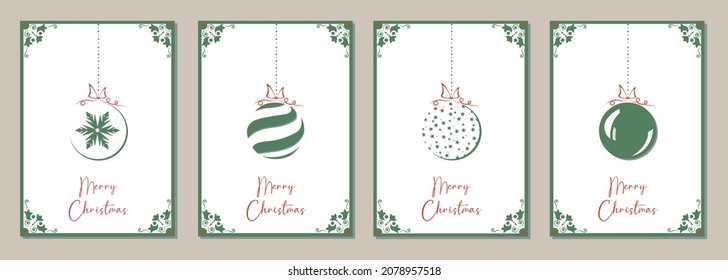 Corporate Holiday cards with green Christmas balls and Christmas ornament, floral modern frame, background and copy space. Universal artistic templates. Ideal for invitation card and congratulations.