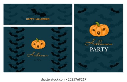 Tarjetas de vacaciones Corporativas para Halloween. Plantillas artísticas creativas con calabazas y murciélagos voladores. Feliz Halloween. Fiesta de Halloween.