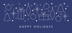 Corporate Holiday Cards. Happy New Year And Merry Christmas Concept. Universal Artistic Templates. Minimalistic Vector Design With Gift Boxes, Bells, Snowflakes And Christmas Tree Decorations